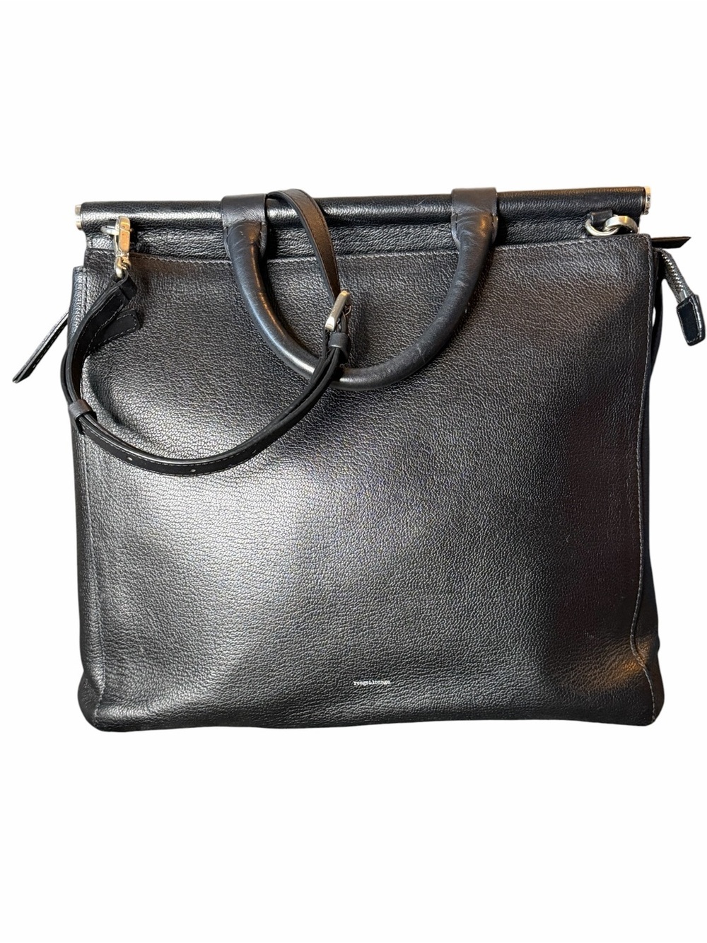 Black Leather Shoulder Bag with Grey Croc-Embossed Flap - Picture 2 of 15